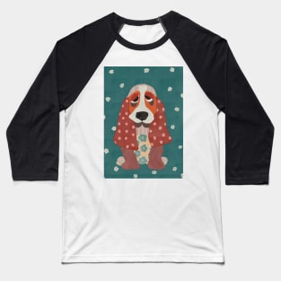 Hamish the Appliqué Patchwork Basset Hound Puppy with daisies and polka dots Baseball T-Shirt